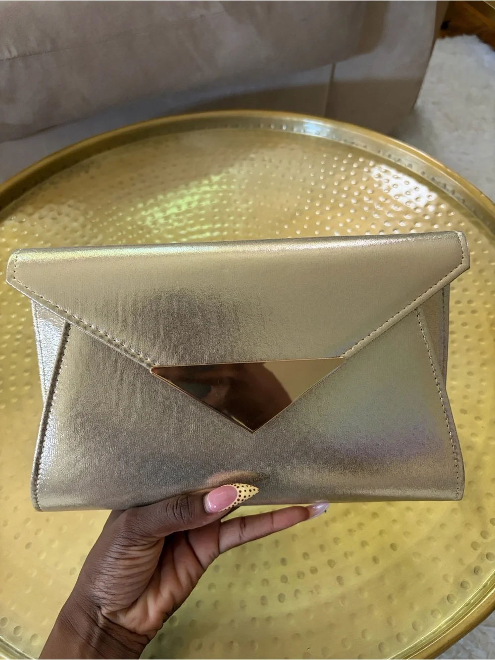 Shimmery Gold Envelope Clutch with Triangular Accent